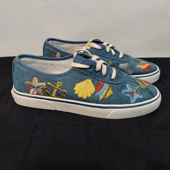 Sebastian Shoes - Sebastino Shoes Womens 7 M Pisces Embroidered Low Top Sneakers Ocean Fish
